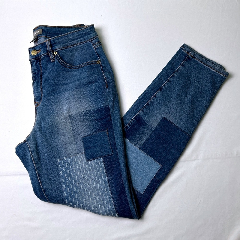 Martha Stewart Womens Mid Rise Patchwork Straight Leg Jeans Size 6 Blue Boho